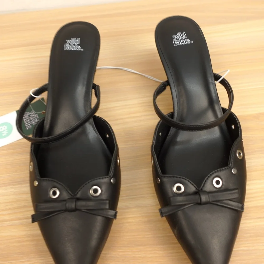 Y2K Coquette Mule Pumps Womens 8.5 Black Eyelet Kitten Heel Pointed WILD FABLE